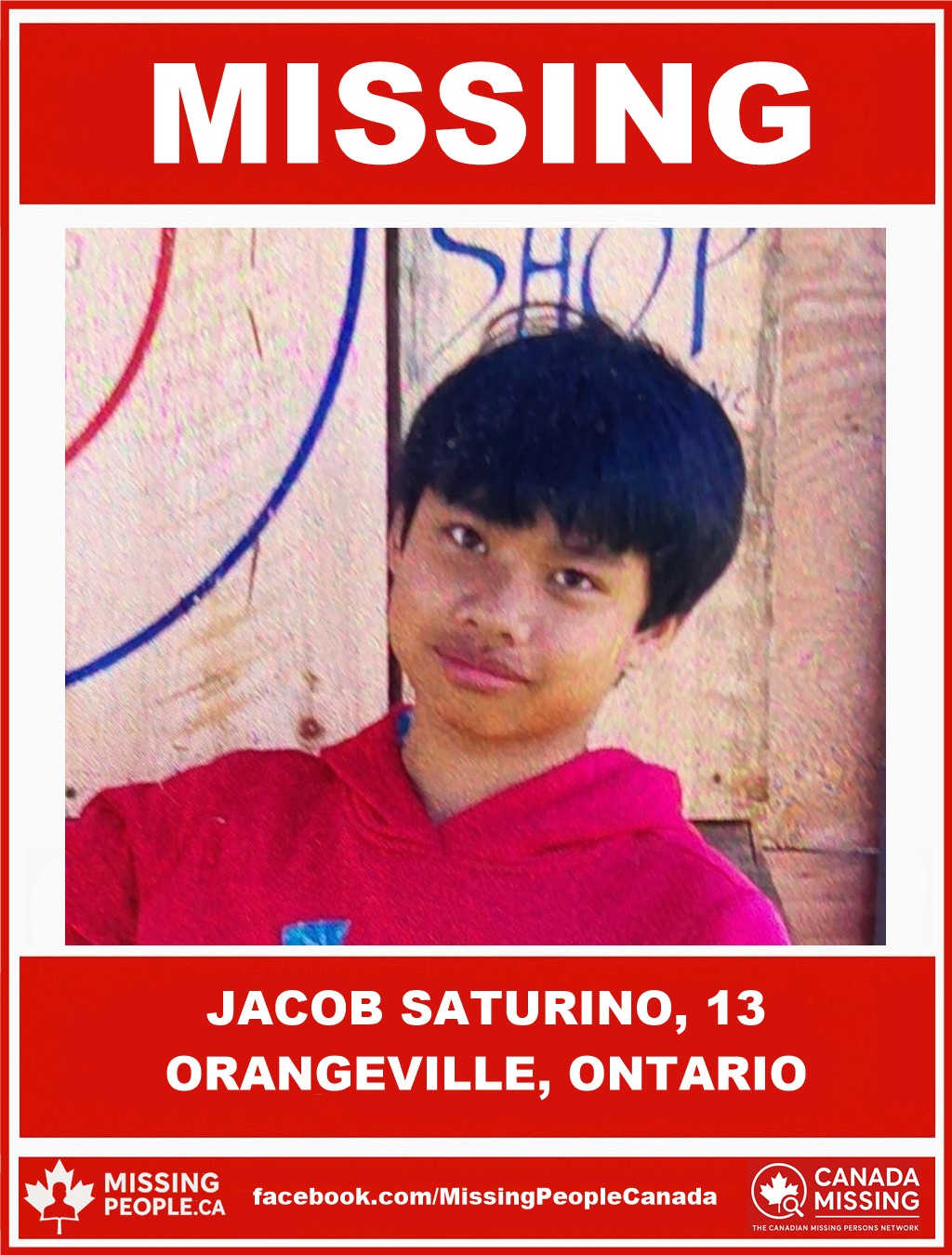 Photo of missing boy Jacob Saturino, age 13, from Orangeville, Ontario, last seen October 28, 2025.