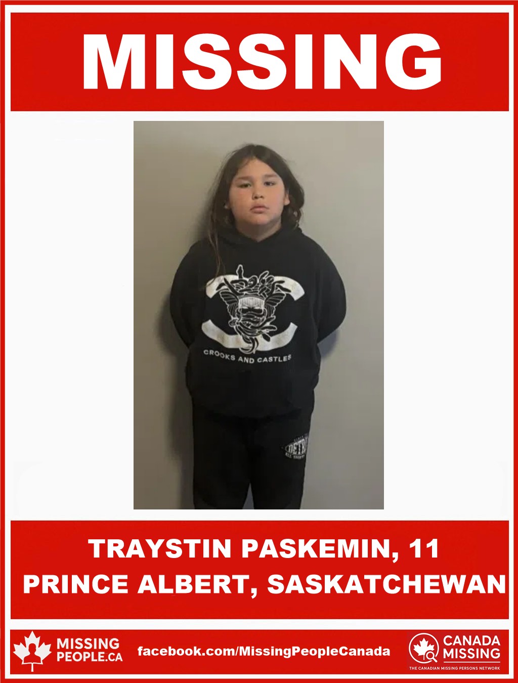 Photo of missing boy Traystin Paskemin, 11, from Prince Albert, Saskatchewan, last seen October 1, 2025.