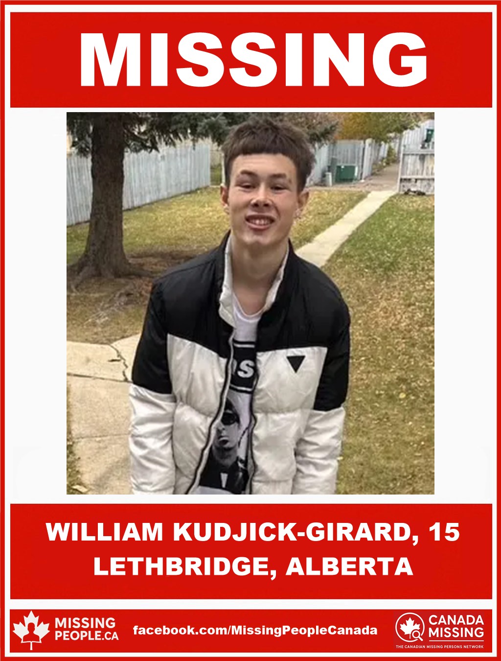 Photo of missing boy William Kudjick-Girard, 15, from Lethbridge, Alberta.