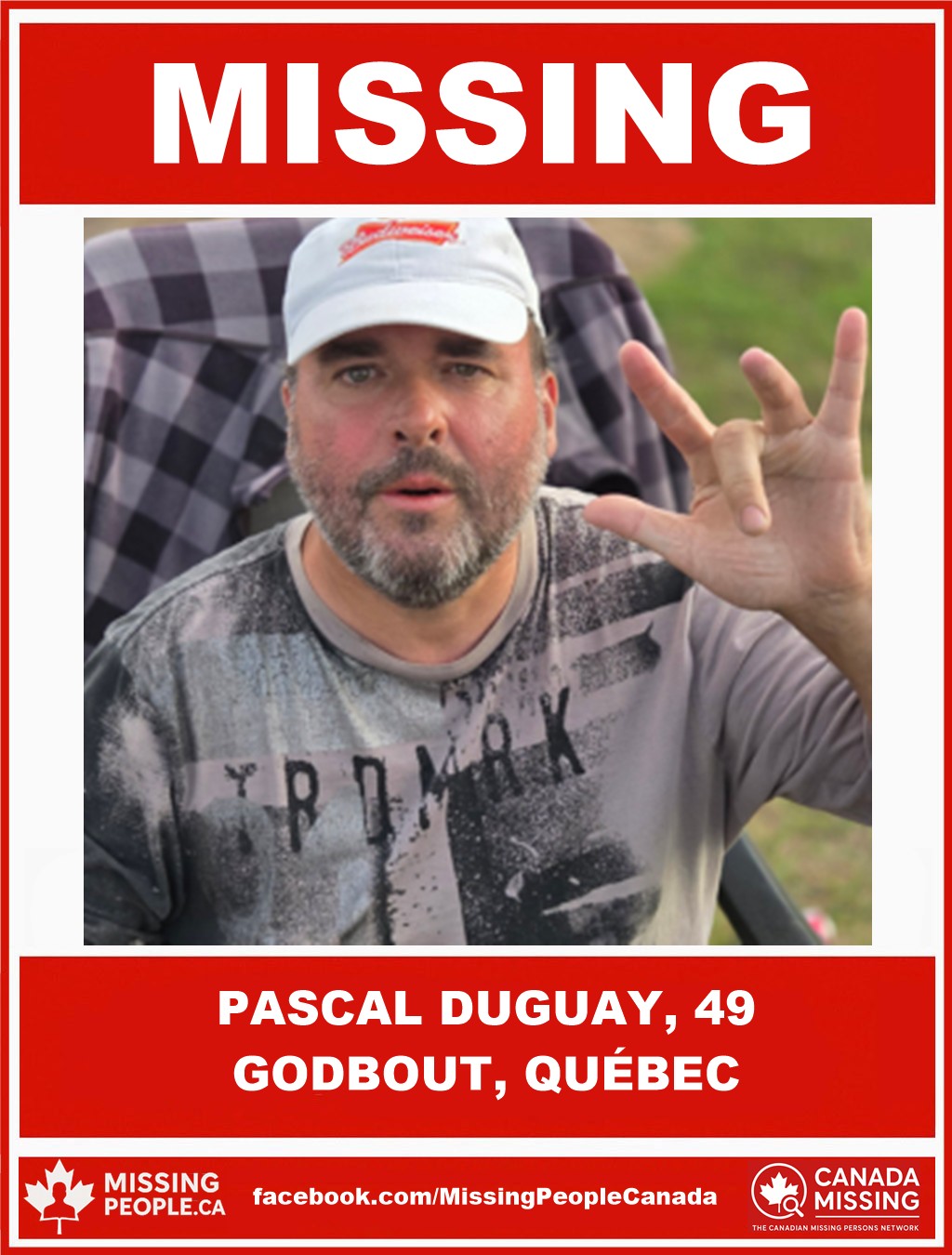 Photo of missing man Pascal Duguay, age 49, from Godbout, Quebec, last seen October 18, 2025.