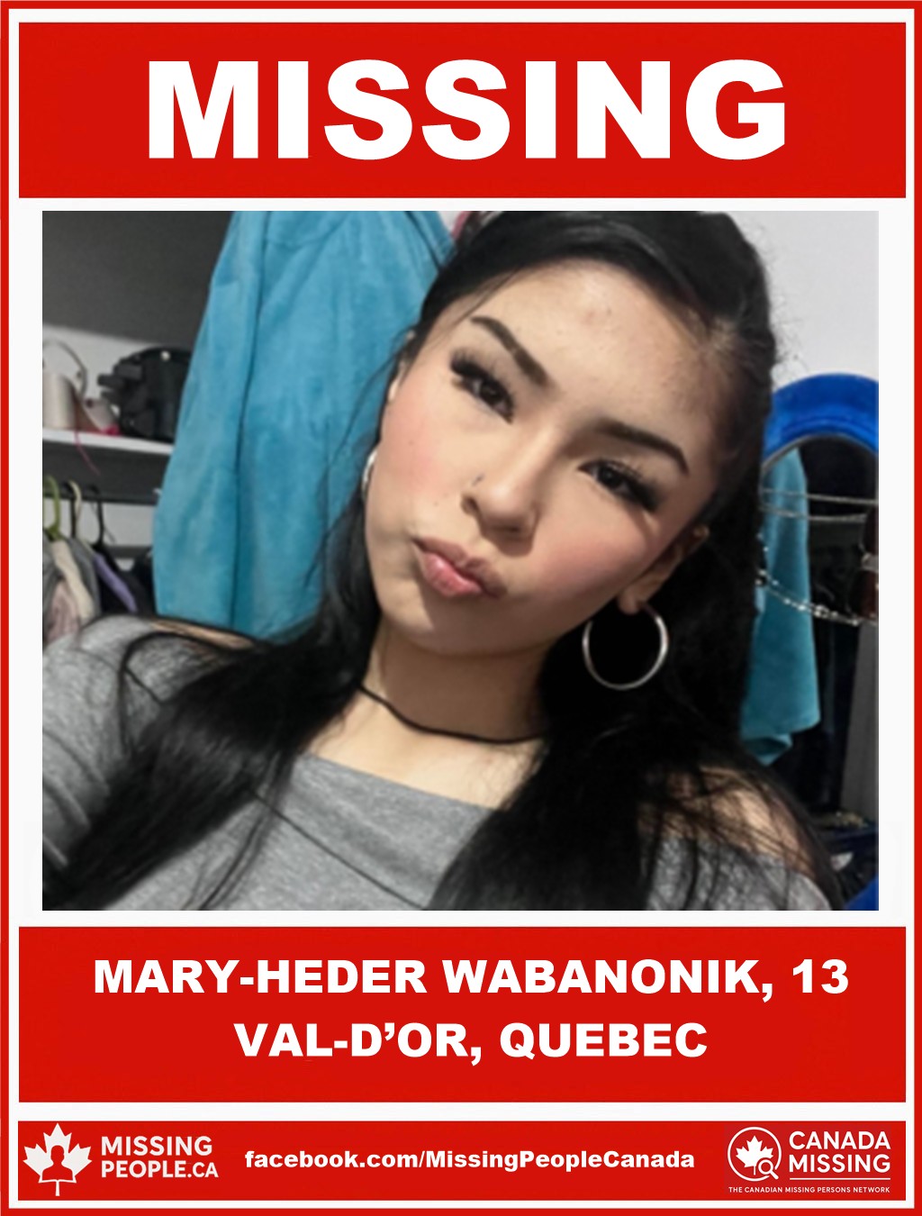 Photo of missing girl Mary-Heder Wabanonik, age 13, from Val-d’Or, Quebec, last seen October 27, 2025.