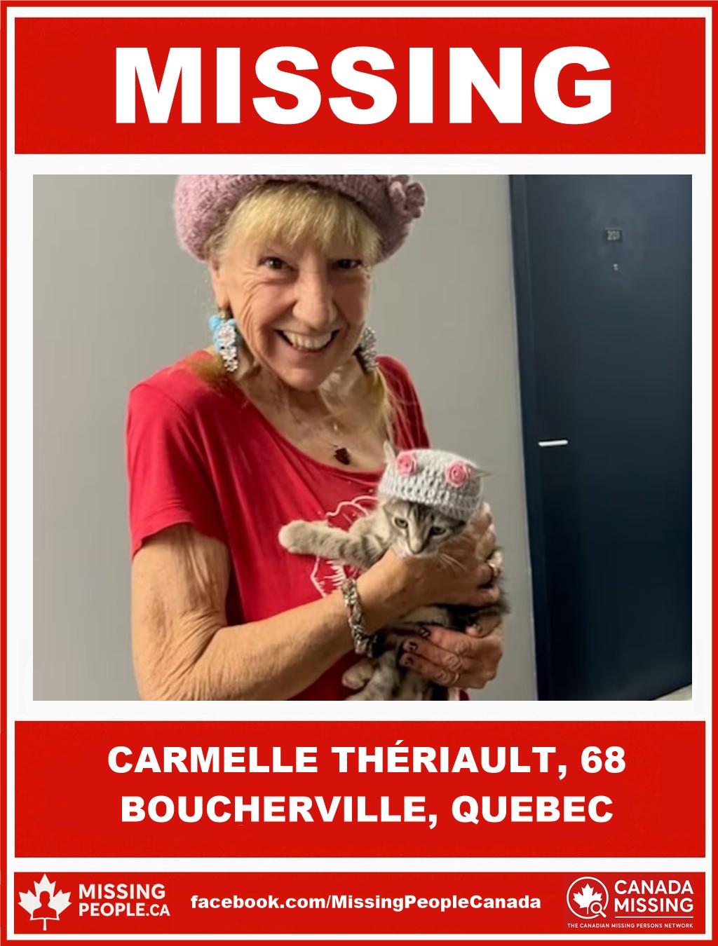 Photo of missing woman Carmelle Thériault, age 68, from Boucherville, Quebec.