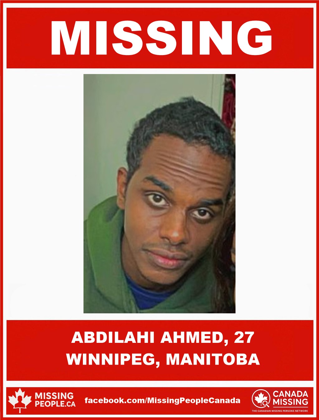 Photo of missing man Abdilahi Ahmed, age 27, from Winnipeg, Manitoba.