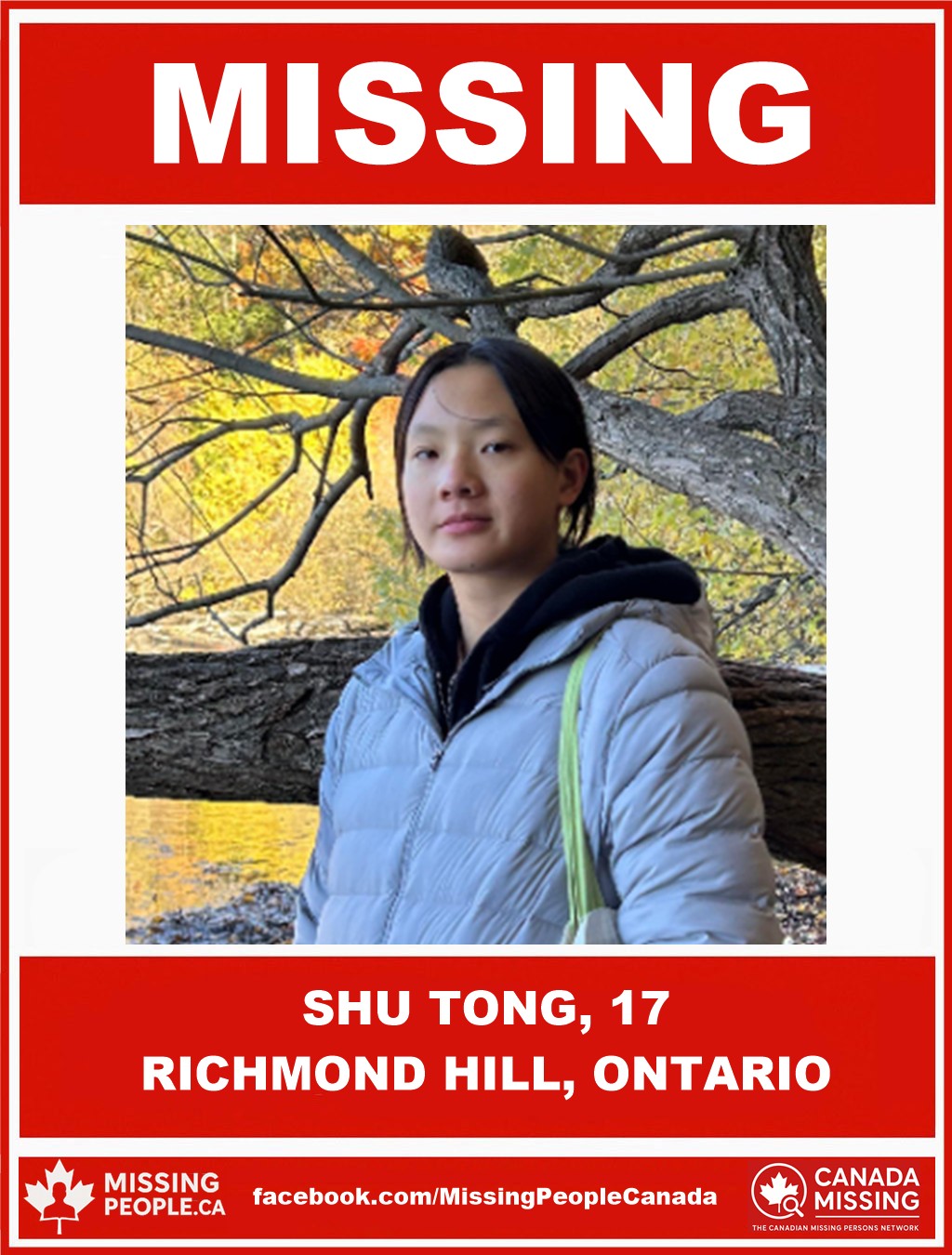 Photo of missing girl Shu Tong, 17, from Richmond Hill, Ontario, last seen October 27, 2025.