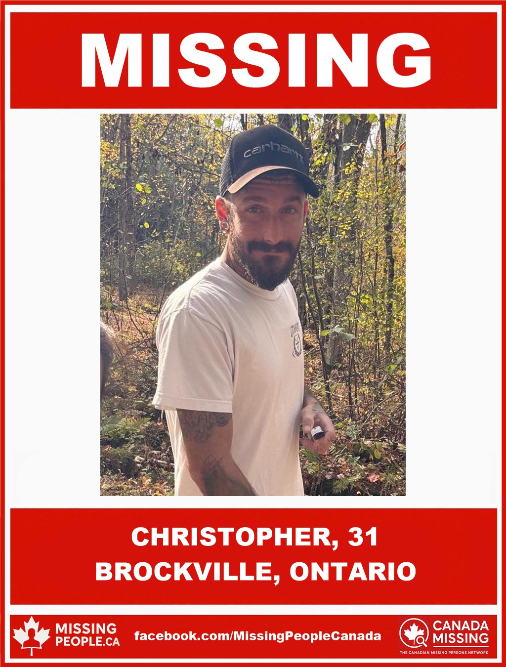 Photo of missing man Christopher, 31, from Brockville, Ontario.