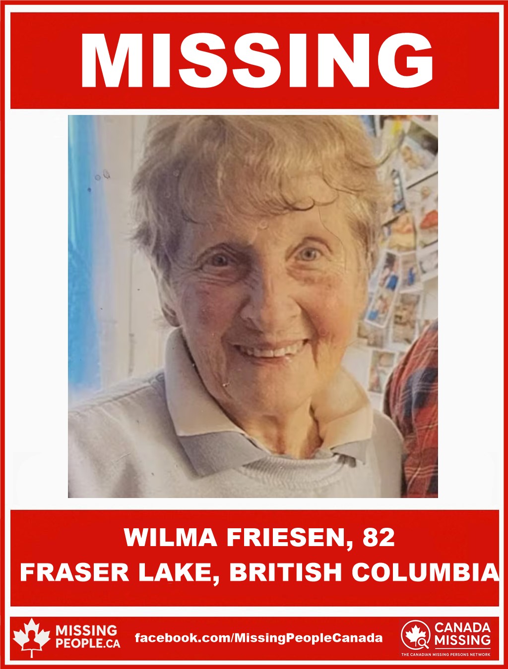 Photo of missing senior Wilma Friesen, age 82, from Fraser Lake, British Columbia, last seen October 27, 2025.