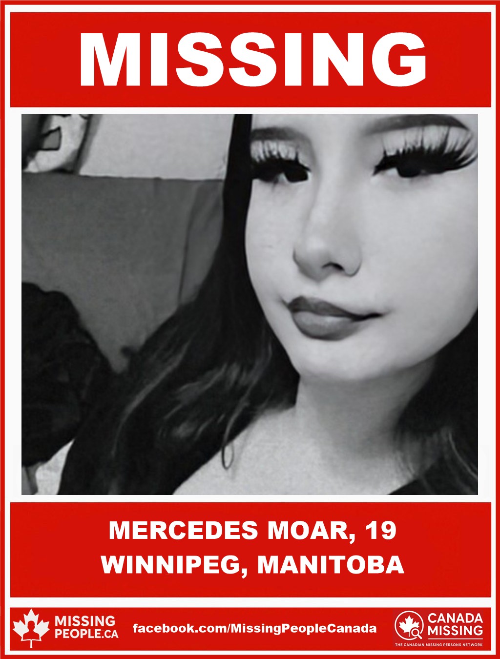 Photo of missing woman Mercedes Moar, 19, from Winnipeg, Manitoba.