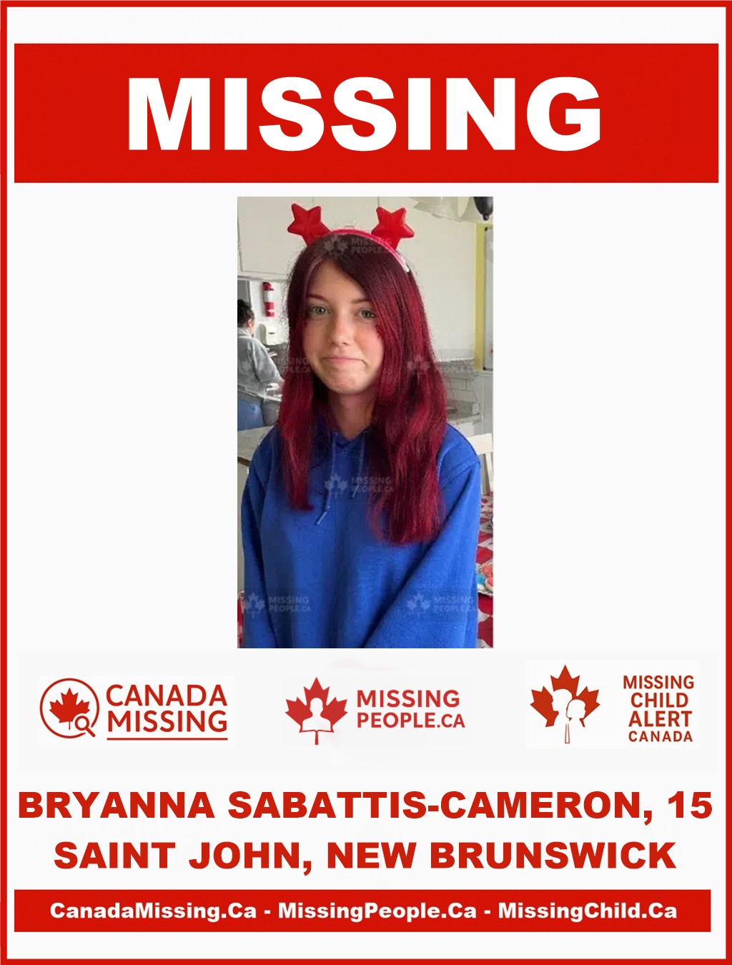 Photo of missing girl Bryanna Sabattis-Cameron, age 15, from Saint John, New Brunswick