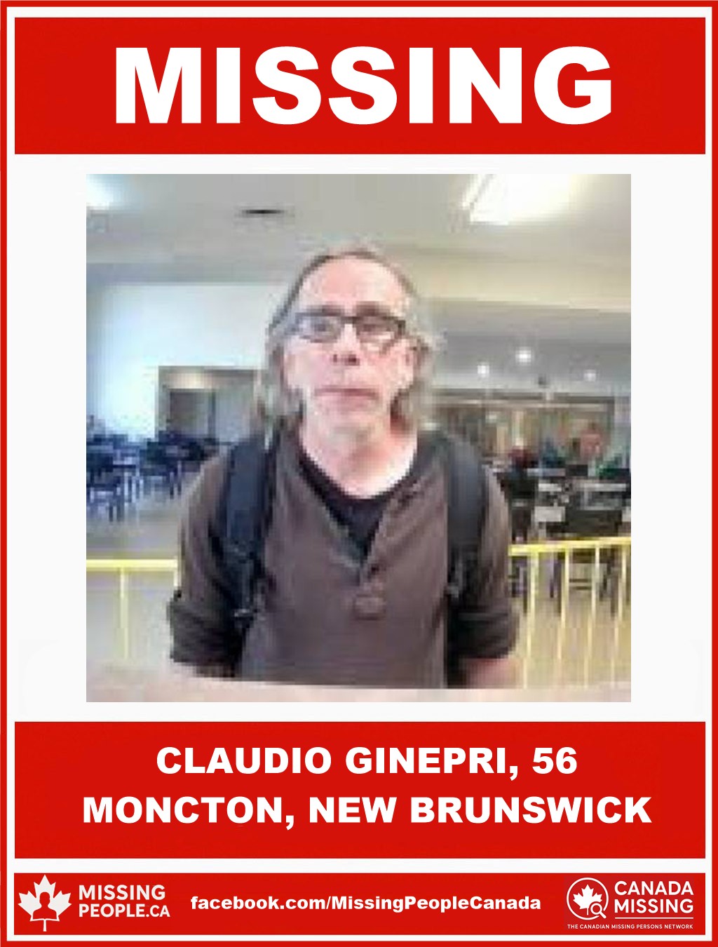 Photo of missing man Claudio Ginepri, age 56, from Moncton, New Brunswick.
