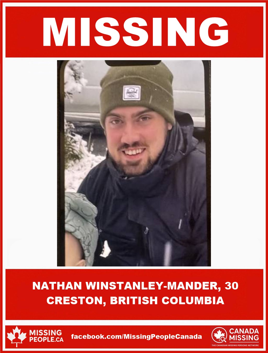 Photo of missing man Nathan Winstanley-Mander, 30, from Creston, British Columbia.