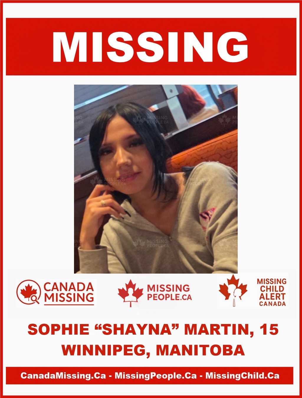 Photo of missing girl Sophie “Shayna” Martin, age 15, from Winnipeg, Manitoba
