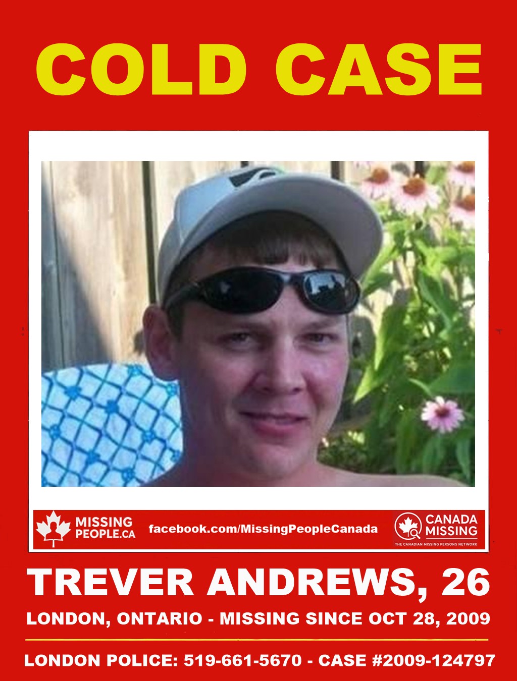 Photo of missing man Trever Andrews, 26 at disappearance (born 1983), short light-brown hair, green eyes, red birthmark on left cheek, last seen London 2009.