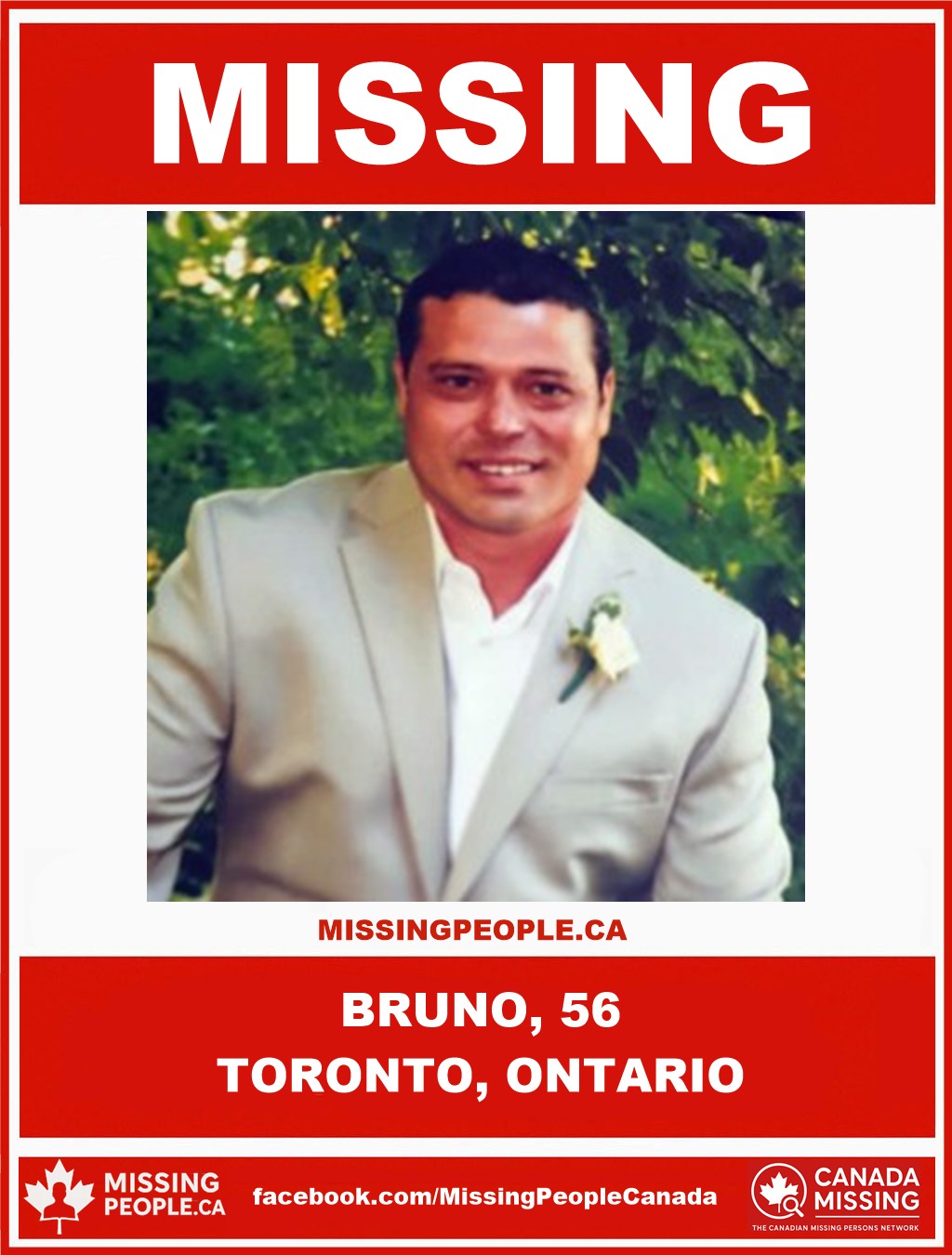 Photo of missing person Bruno, age 56, from Toronto, Ontario.
