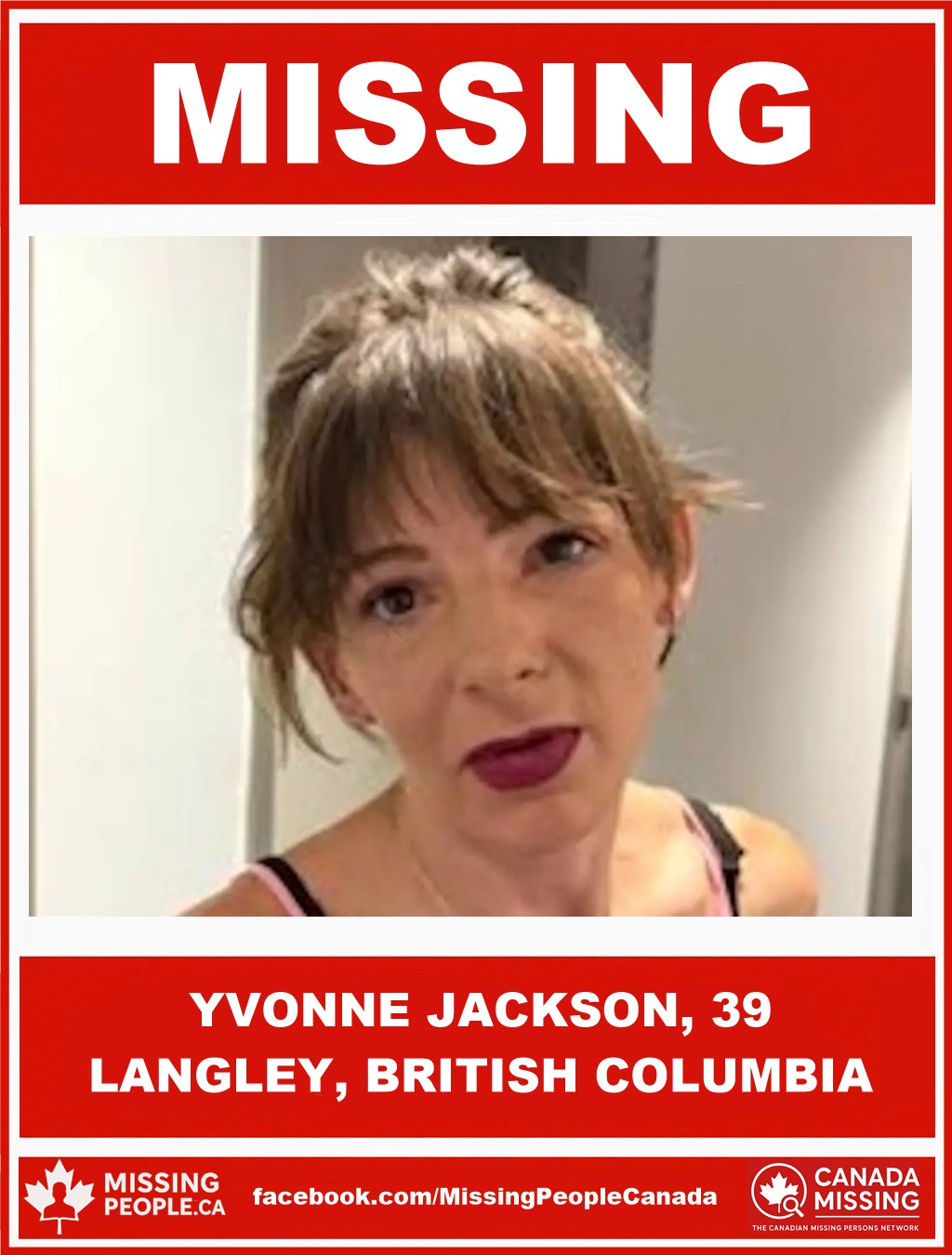 Photo of missing woman Yvonne Jackson, age 39, from Langley, British Columbia.