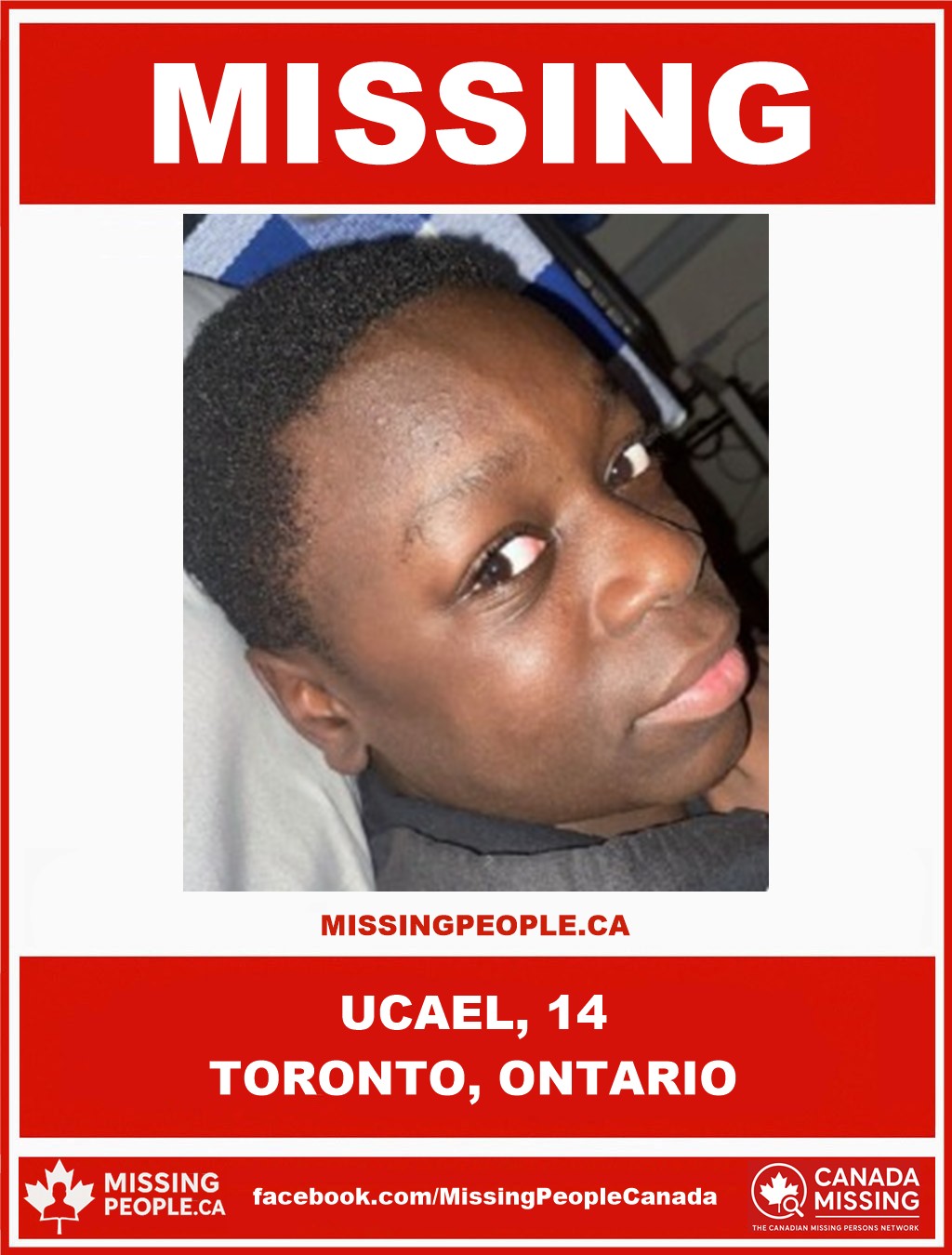 Photo of missing youth Ucael, age 14, from Toronto, Ontario.