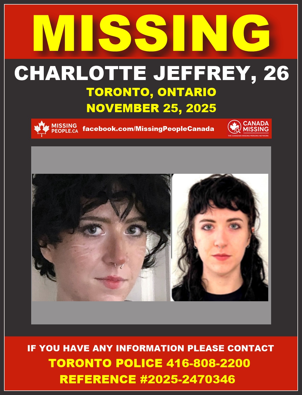 Photo of missing person Charlotte Jeffrey, age 26, dark curly hair, septum piercing, tattoos, from Toronto, Ontario.