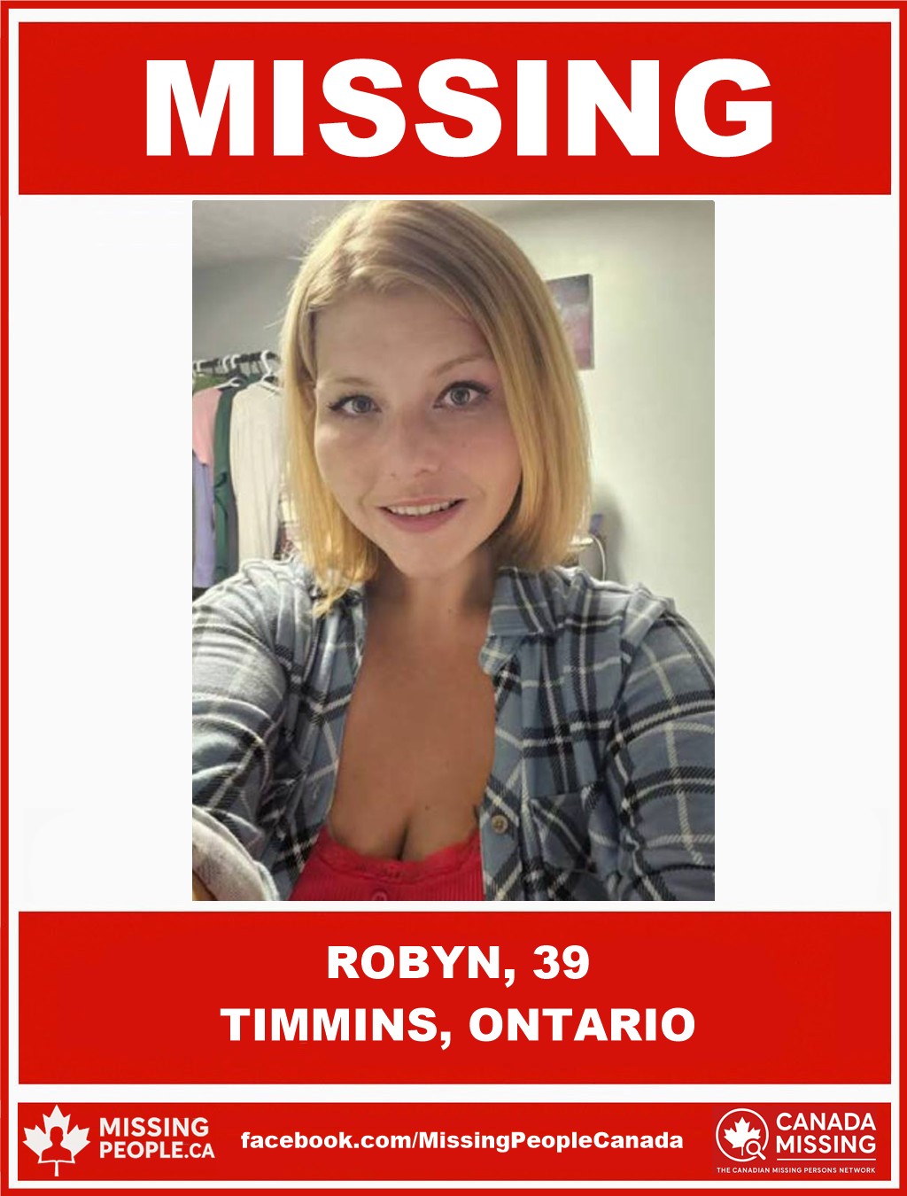 Photo of missing woman Robyn, age 39, from Timmins, Ontario.