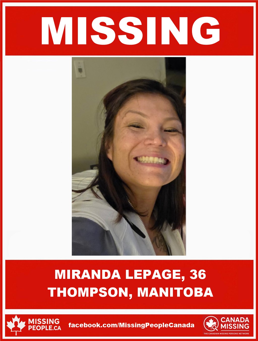 Photo of missing woman Miranda Lepage, age 36, from Thompson, Manitoba.