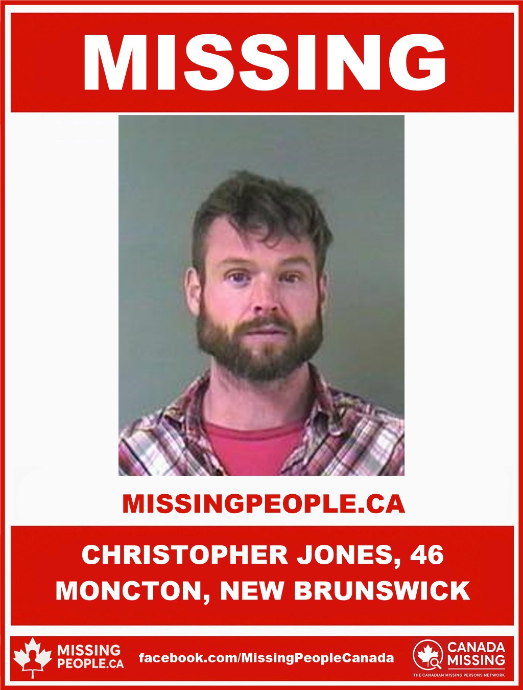 Photo of missing man Christopher Jones, age 46, from Moncton, New Brunswick.