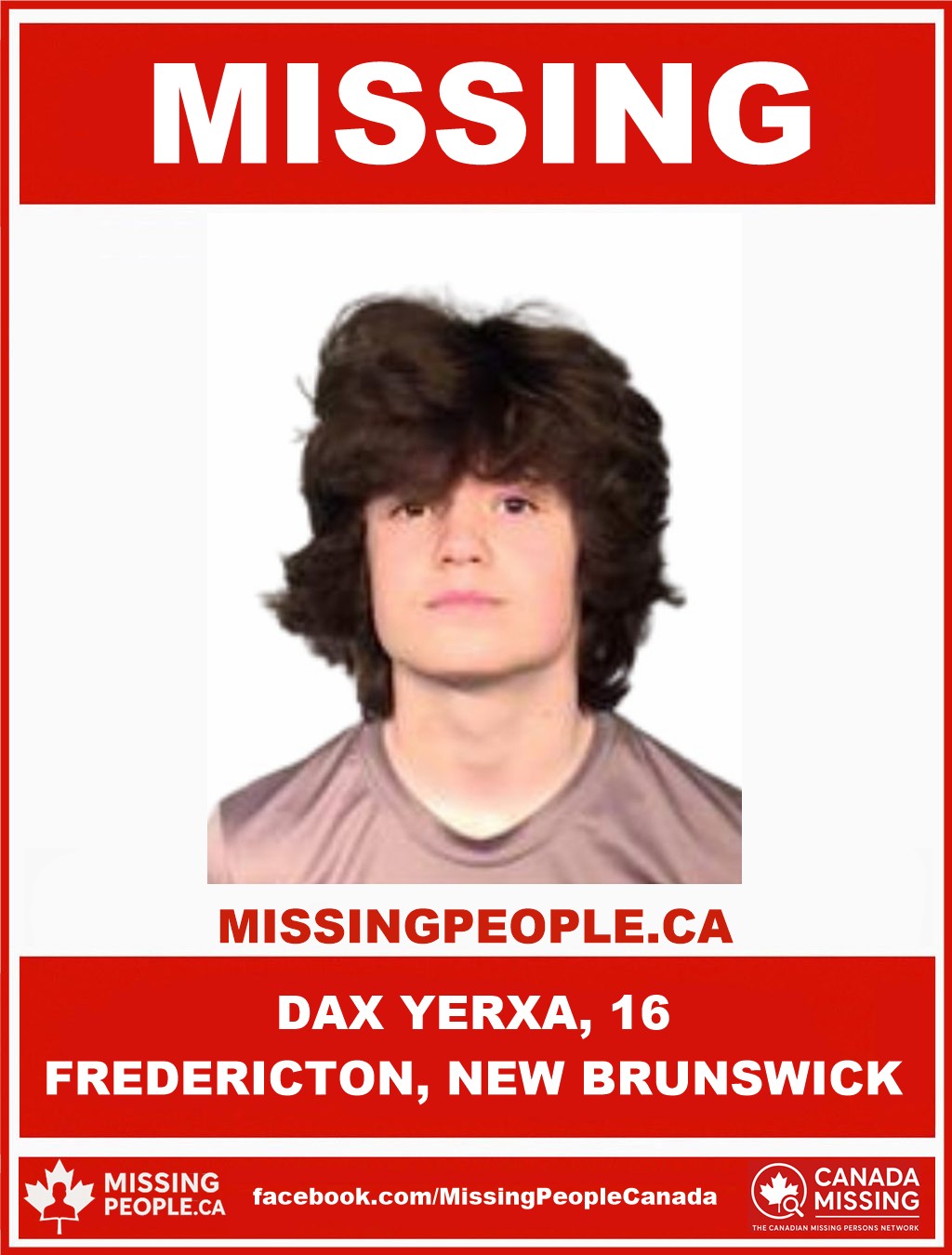 Photo of missing teen Dax Yerxa, age 16, from Fredericton, New Brunswick.