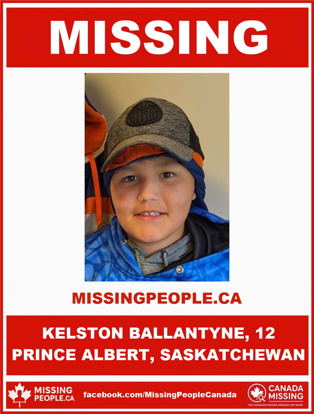 Photo of missing boy Kelston Ballantyne, age 12, from Prince Albert, Saskatchewan.