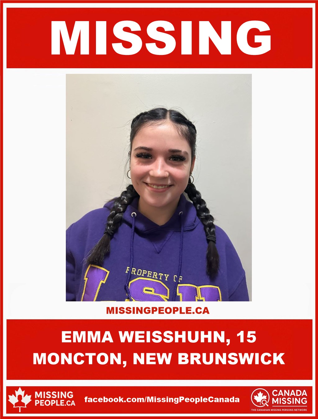 Photo of missing girl Emma Weisshuhn, age 15, from Moncton, New Brunswick.