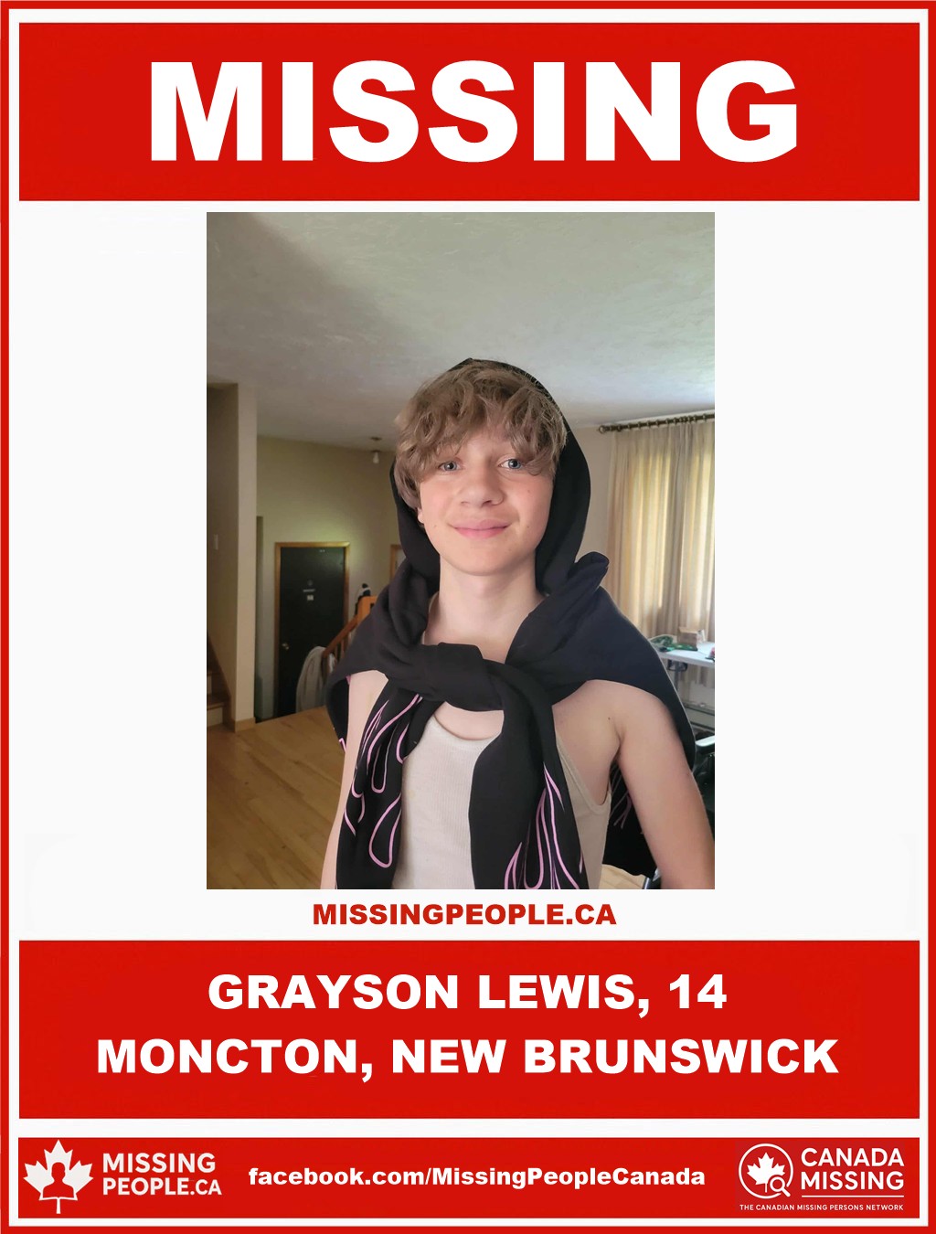 Photo of missing boy Grayson Lewis, 14, from Moncton, New Brunswick.