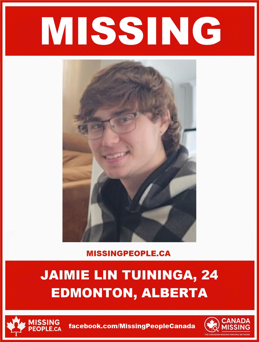 Photo of missing man Jaimie Lin Tuininga, age 24, last seen in Edmonton, Alberta.