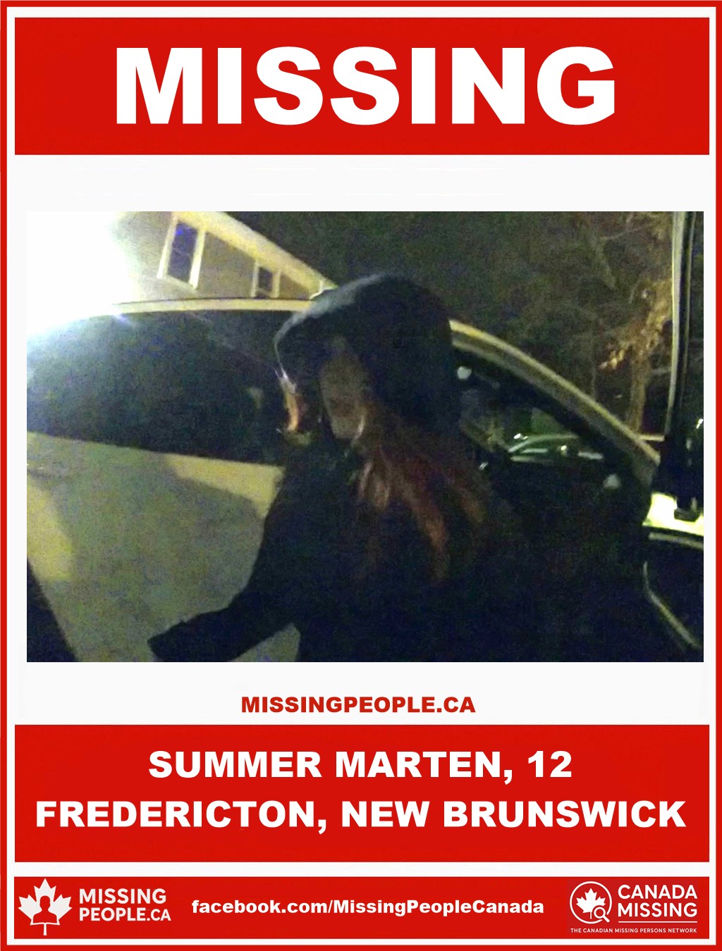 Photo of missing 12-year-old girl Summer Marten from Fredericton, New Brunswick.
