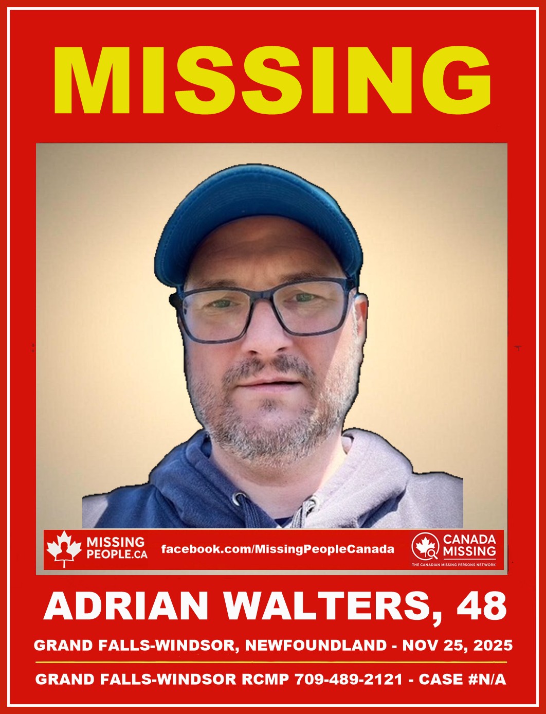 Photo of missing man Adrian Walters, age 48, from Grand Falls-Windsor, Newfoundland.