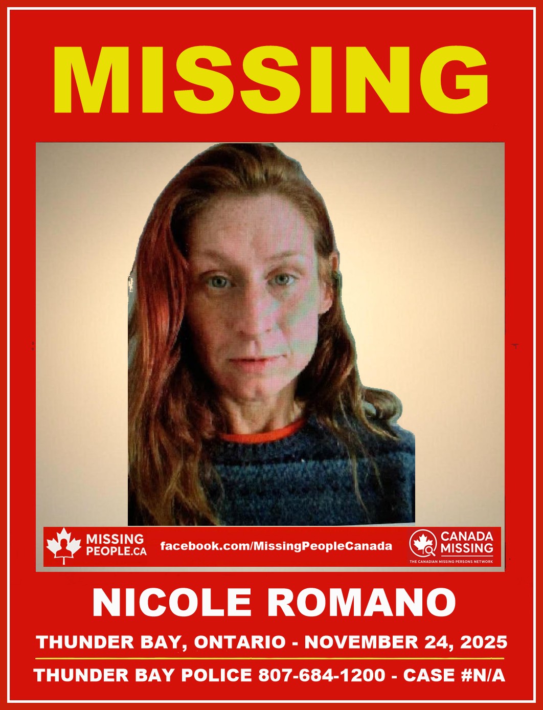Photo of missing woman Nicole Romano from Thunder Bay, Ontario.