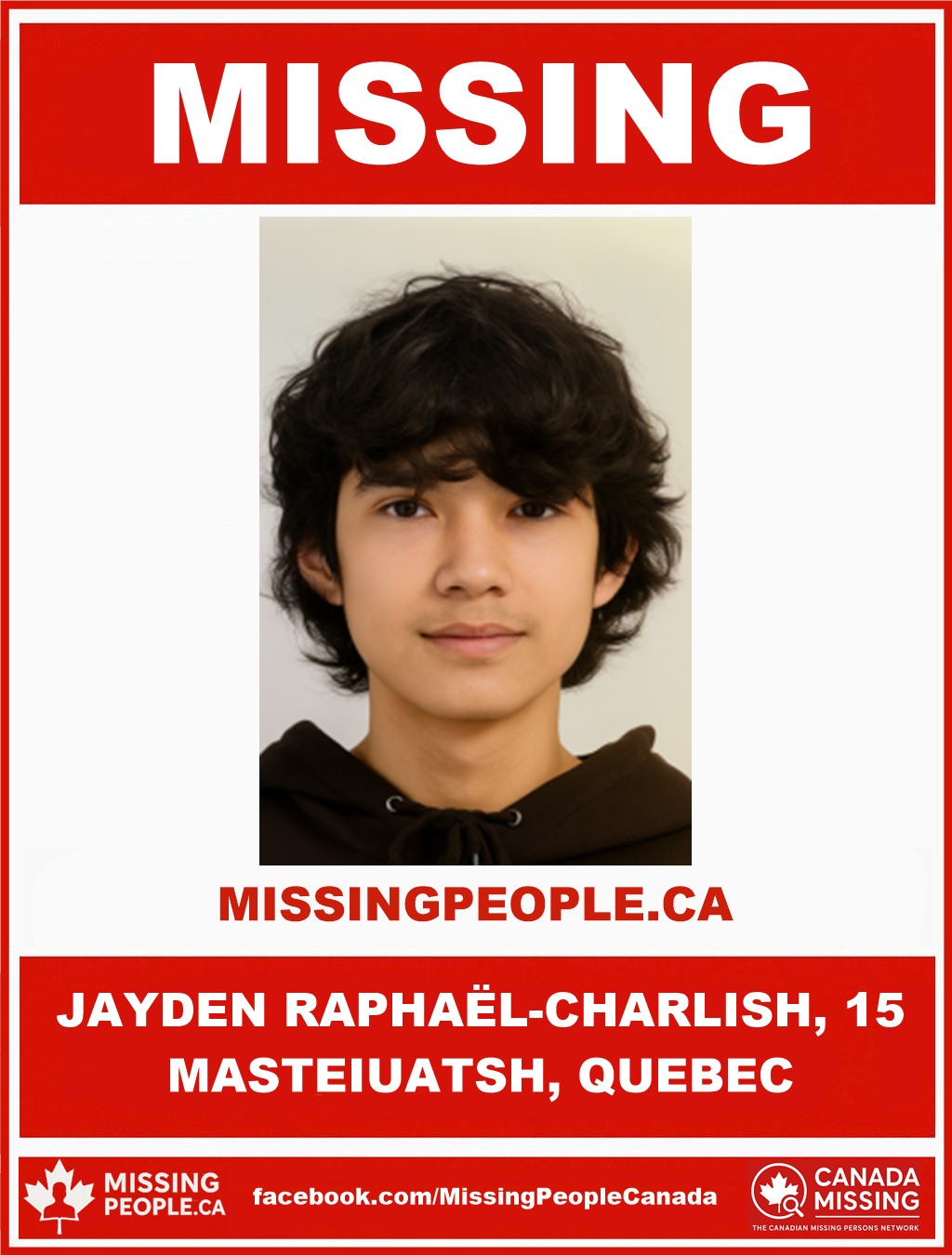 Photo of missing boy Jayden Raphaël-Charlish, age 15, from Masteuiatsh, Quebec.