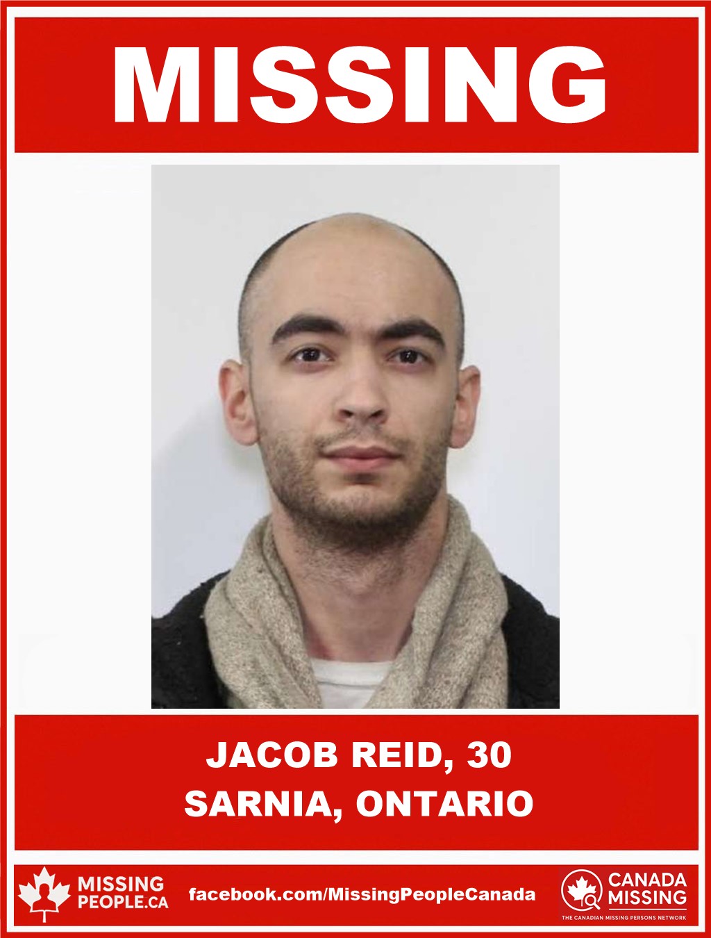 Photo of missing man Jacob Reid, age 30, from Sarnia, Ontario.