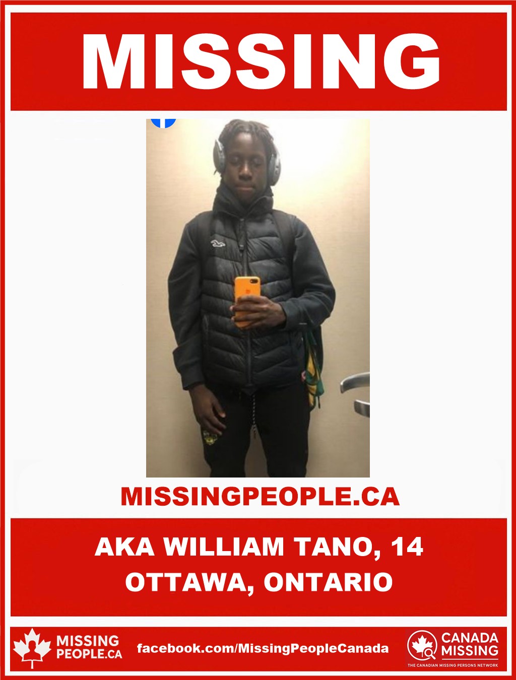 Photo of missing boy Aka William Tano, age 14, from Ottawa, Ontario.