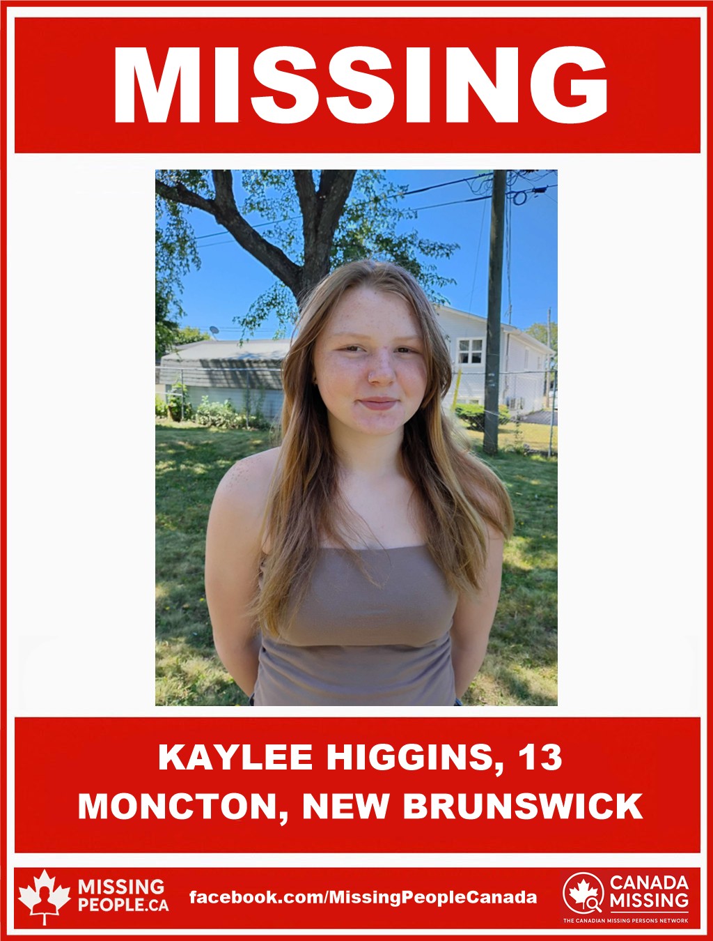 Photo of missing girl Kaylee Higgins, age 13, from Moncton, New Brunswick.