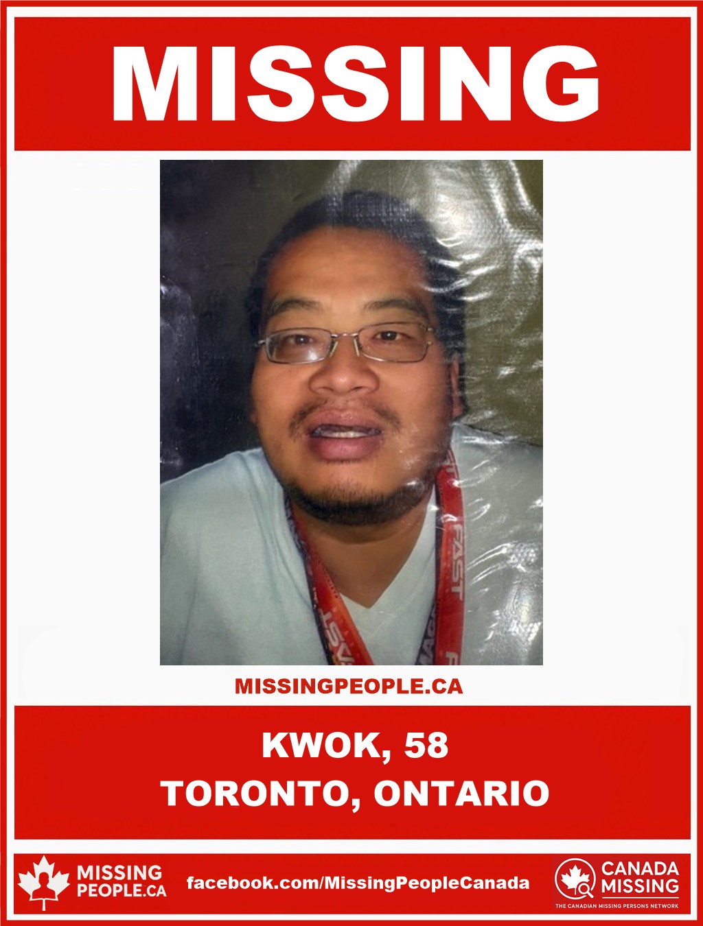 Photo of missing person Kwok, age 58, from Toronto, Ontario.