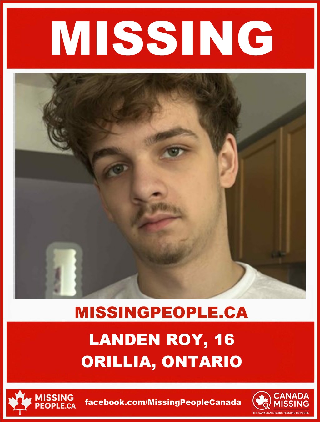 Photo of missing teen Landen Roy, age 16, from Orillia, Ontario.