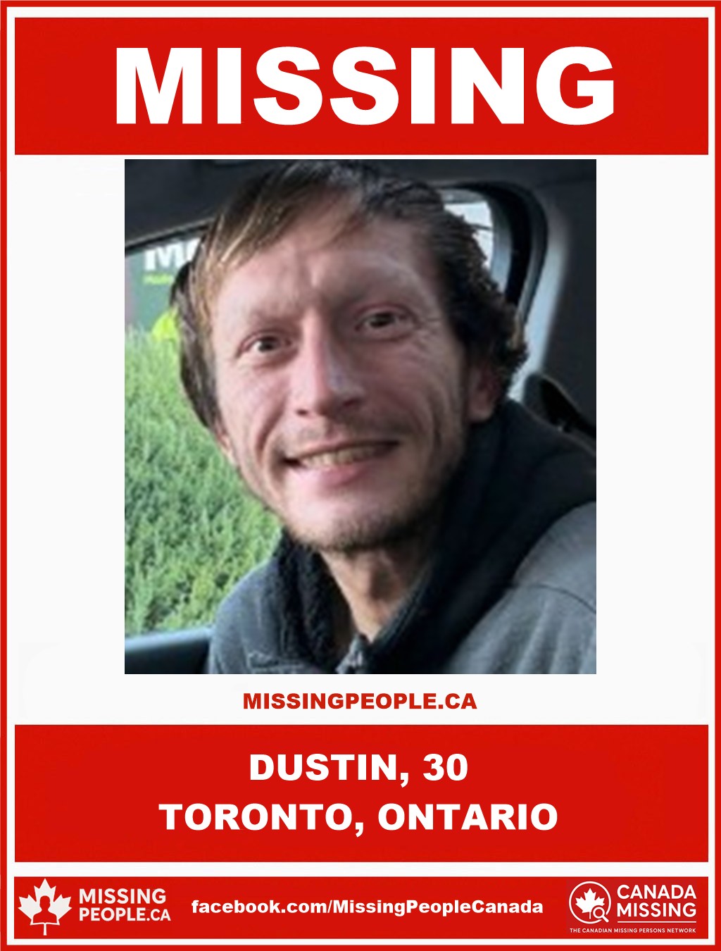 Photo of missing person Dustin, age 30, from Toronto, Ontario.