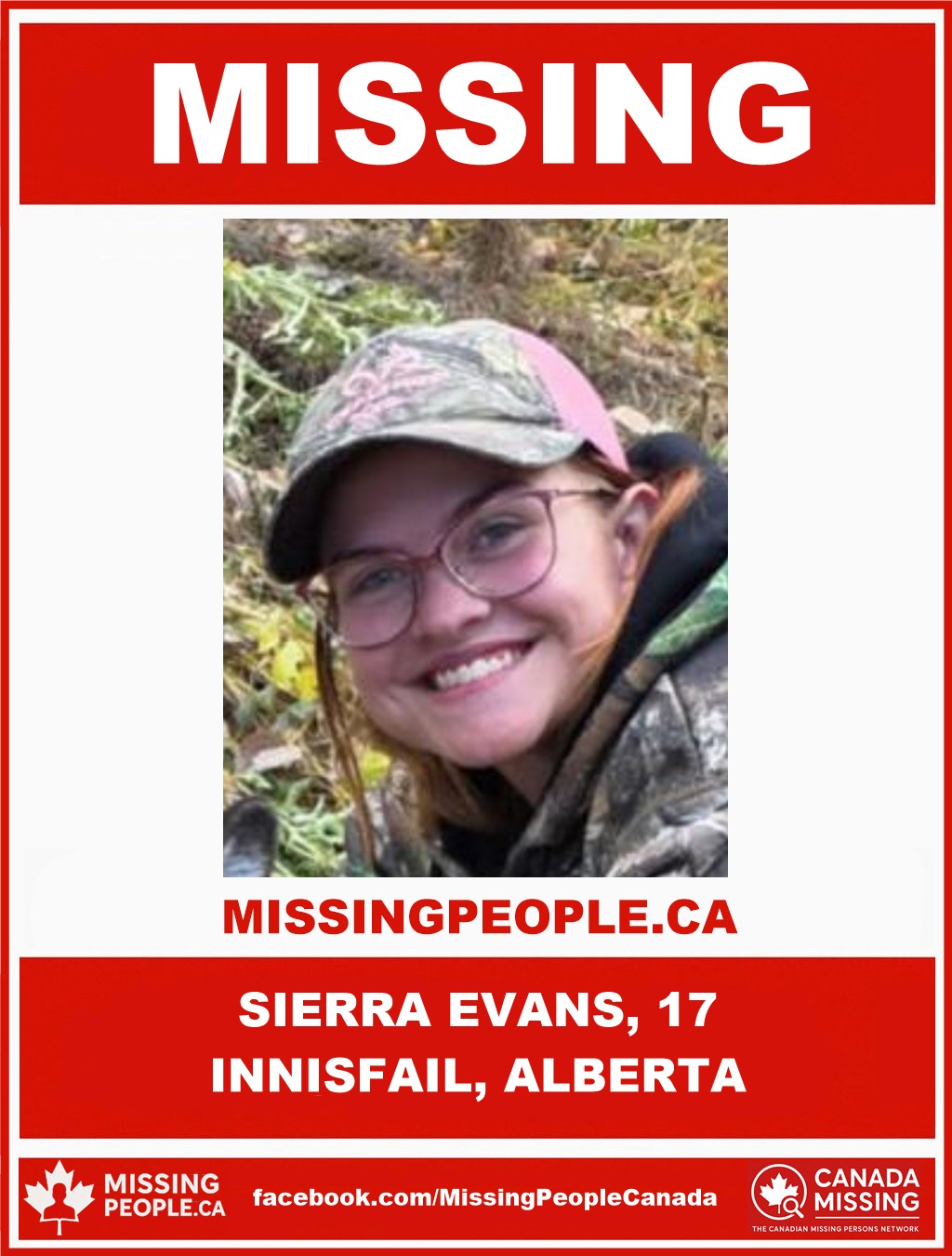 Photo of missing girl Sierra Evans, age 17, from Innisfail, Alberta.