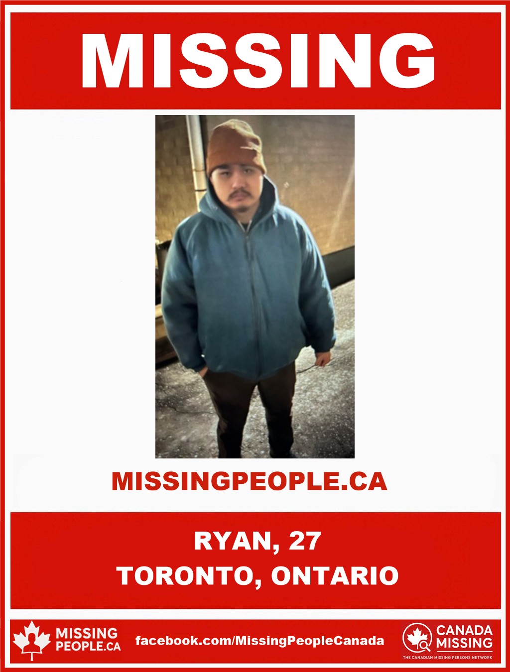 Photo of missing person Ryan, age 27, from Toronto, Ontario.