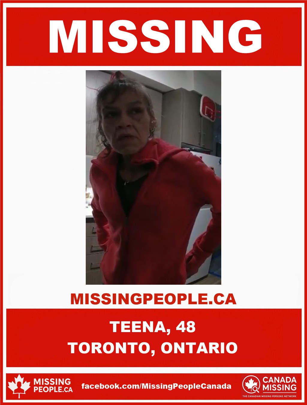 Photo of missing person Teena, age 48, from Toronto, Ontario.
