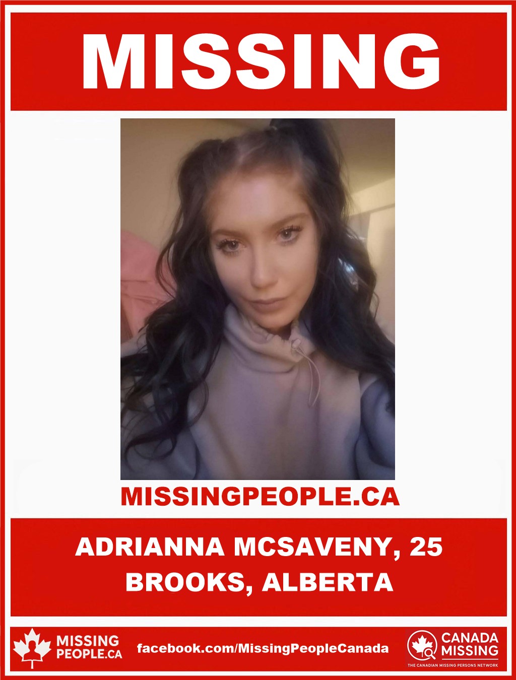 Photo of missing woman Adrianna McSaveny, age 25, from Brooks, Alberta.