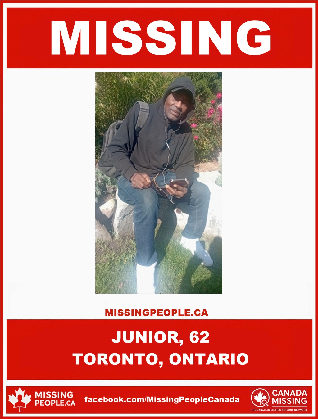 Photo of missing person Junior, age 62, last seen in Toronto, Ontario.