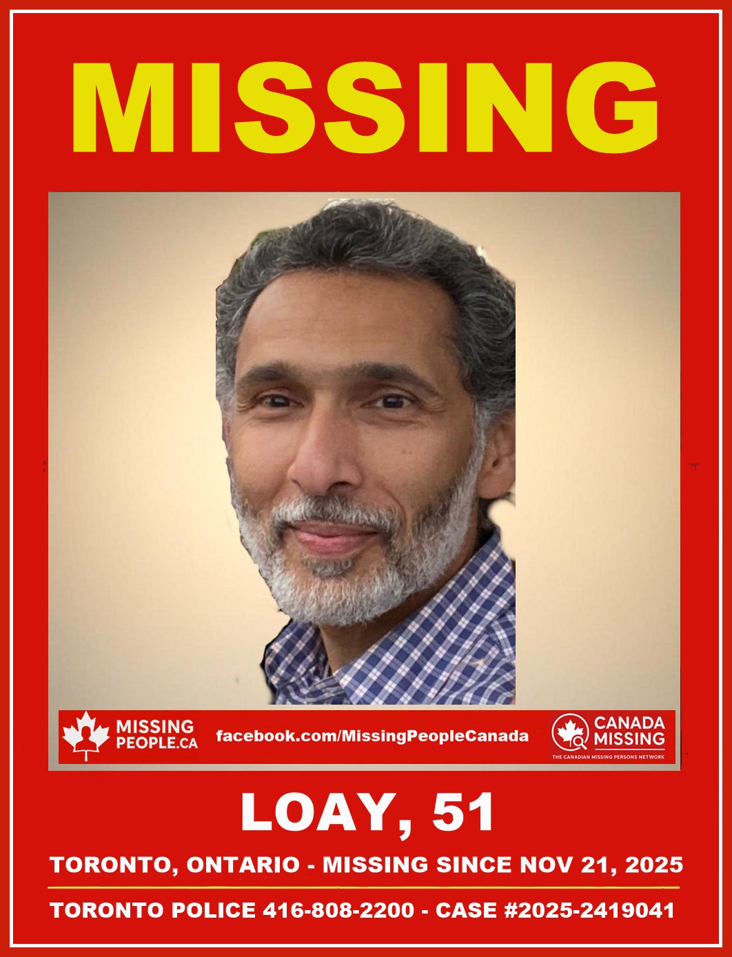 Photo of missing person Loay, age 51, from Toronto, Ontario.