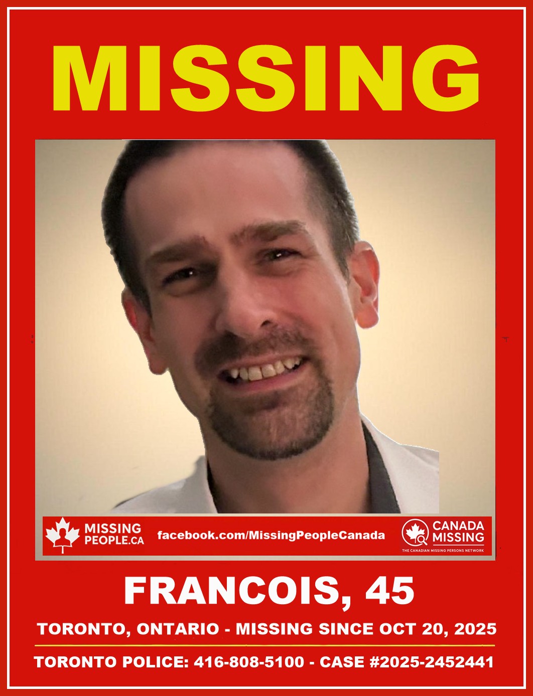 Photo of missing person Francois, age 45, from Toronto, Ontario.