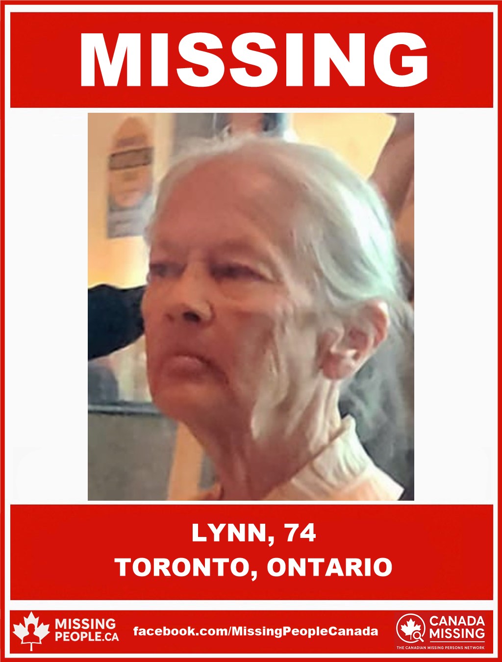 Photo of missing senior Lynn, age 74, from Toronto, Ontario.