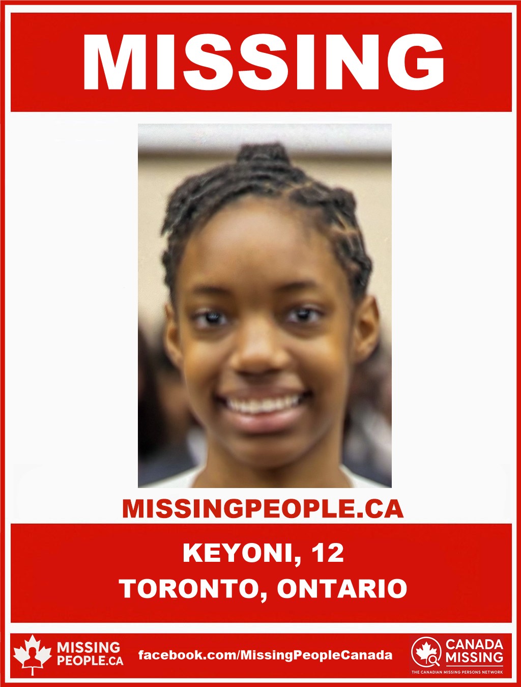Photo of missing child Keyoni, age 12, from Toronto, Ontario.