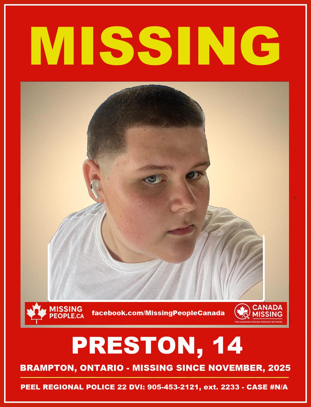 Photo of missing 14-year-old boy Preston from Brampton, Ontario.