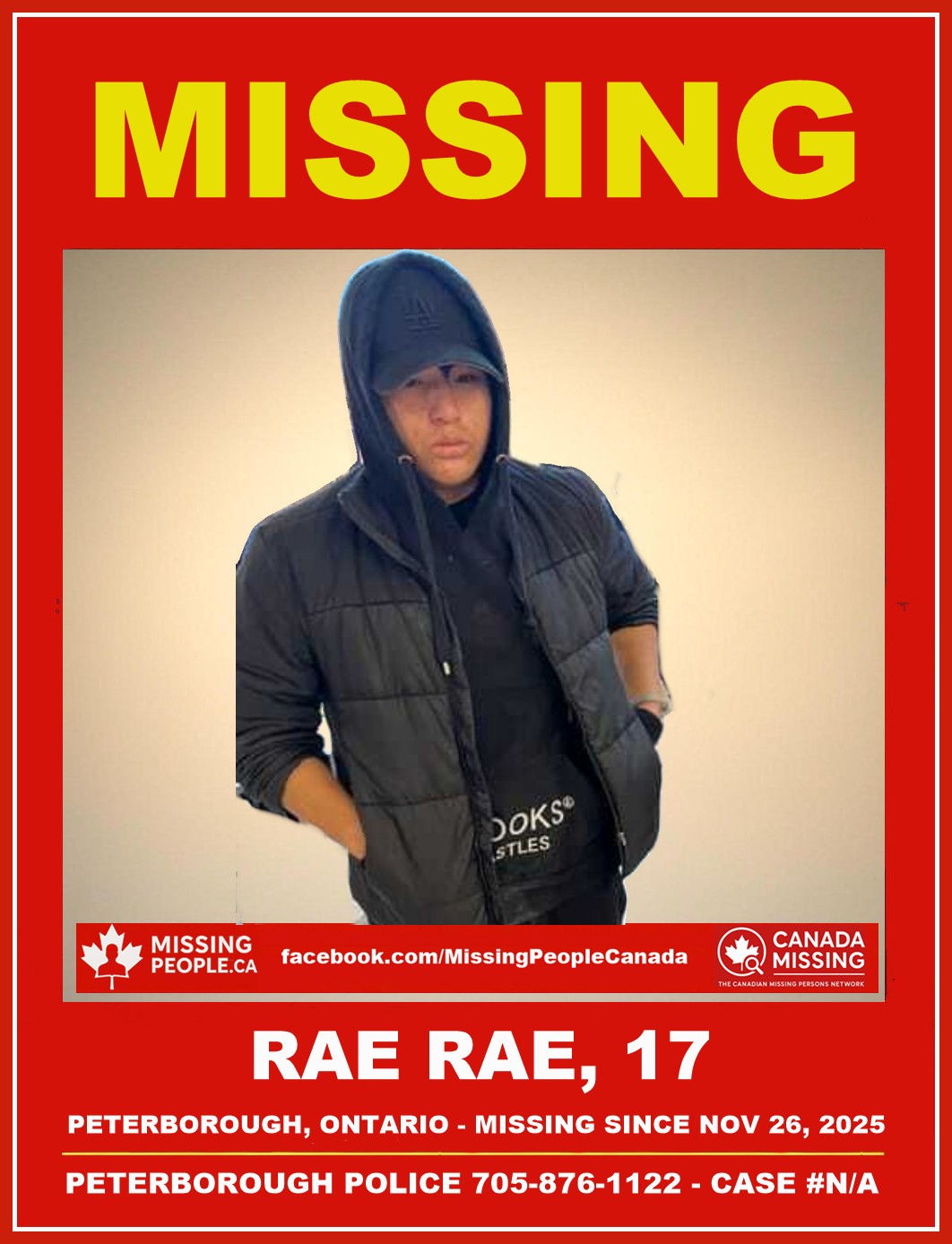Photo of missing 17-year-old boy Rae Rae from Peterborough, Ontario.
