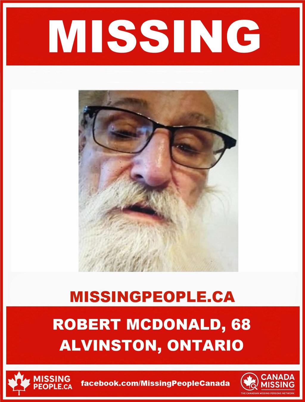 Photo of missing man Robert McDonald, age 68, from Alvinston, Ontario.
